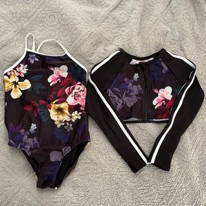 Girls swimsuit & swim zip up rashguard. Size medium.